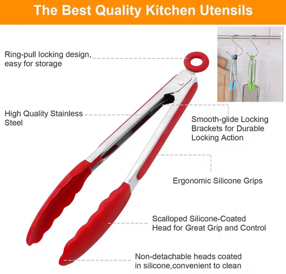 Shaws Cookware Kitchen Tongs and Spatula Tongs 10" & 12" Set of 4 Stainless Steel Heat- Resistant Non - Stick Silicone Tips, Non - Slip Grip for Cooking, Grilling, BBQ, Pot Lucks, Salad,- Red