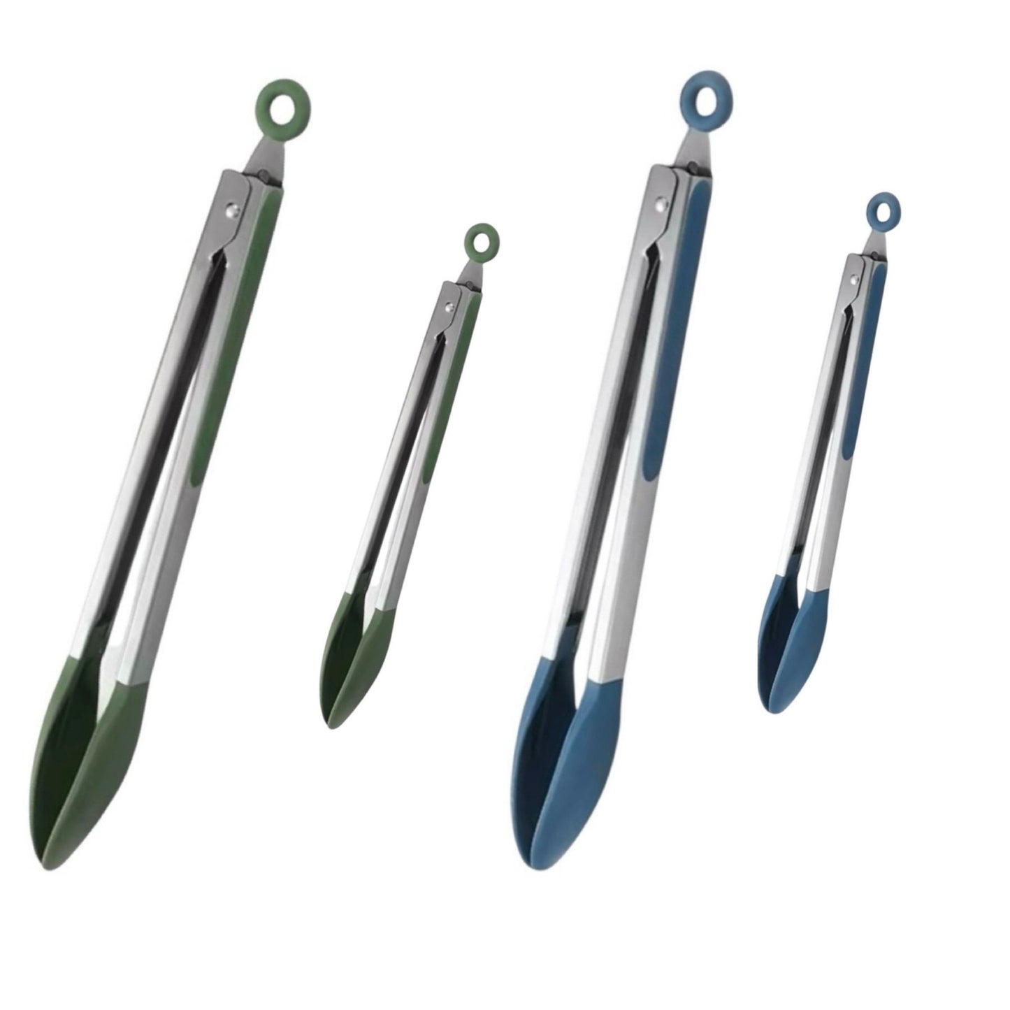 Shaws Cookware Kitchen Green Tongs and Blue Tongs 10" & 12" Set of 4 Stainless Steel Heat- Resistant Non - Stick Silicone Tips, Non - Slip Grip for Cooking, Grilling, BBQ, Pot Lucks, Salad
