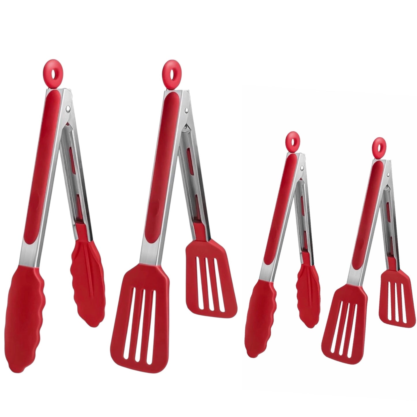 Shaws Cookware Kitchen Tongs and Spatula Tongs 10" & 12" Set of 4 Stainless Steel Heat- Resistant Non - Stick Silicone Tips,  Non - Slip Grip for Cooking, Grilling,  BBQ, Pot Lucks, Salad,- Red