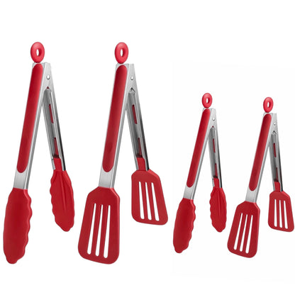 Shaws Cookware Kitchen Tongs and Spatula Tongs 10" & 12" Set of 4 Stainless Steel Heat- Resistant Non - Stick Silicone Tips,  Non - Slip Grip for Cooking, Grilling,  BBQ, Pot Lucks, Salad,- Red