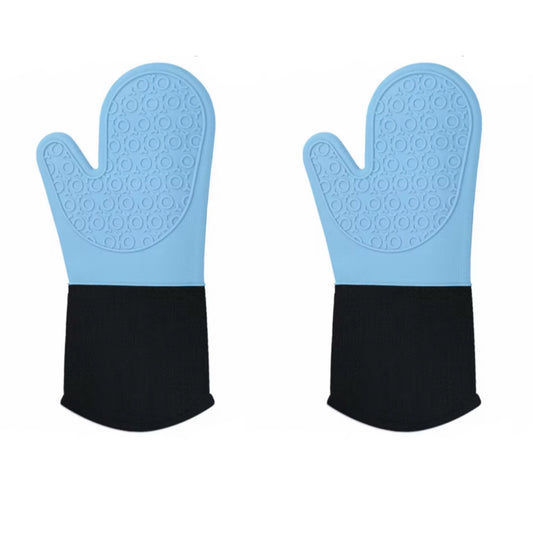 Shaws Cookware Heat and Slip Resistant Silicone Oven Mitts, Waterproof, Non-Slip, Long, Cotton-Lined Mitt Set of 2, 14.9 IN, Blue