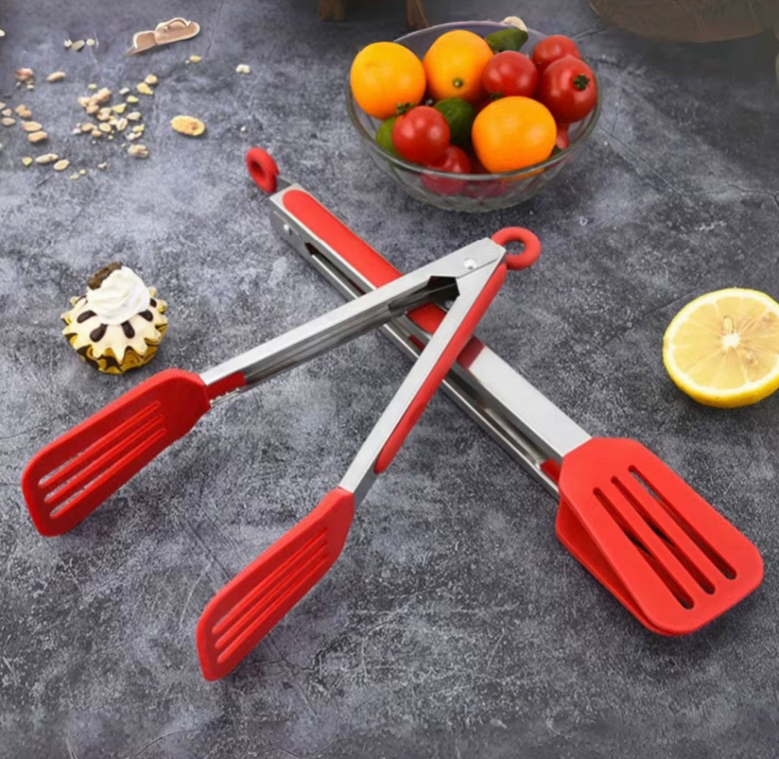 Shaws Cookware Kitchen Tongs and Spatula Tongs 10" & 12" Set of 4 Stainless Steel Heat- Resistant Non - Stick Silicone Tips,  Non - Slip Grip for Cooking, Grilling,  BBQ, Pot Lucks, Salad,- Red