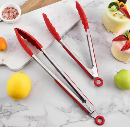 Shaws Cookware Kitchen Tongs and Spatula Tongs 10" & 12" Set of 4 Stainless Steel Heat- Resistant Non - Stick Silicone Tips,  Non - Slip Grip for Cooking, Grilling,  BBQ, Pot Lucks, Salad,- Red