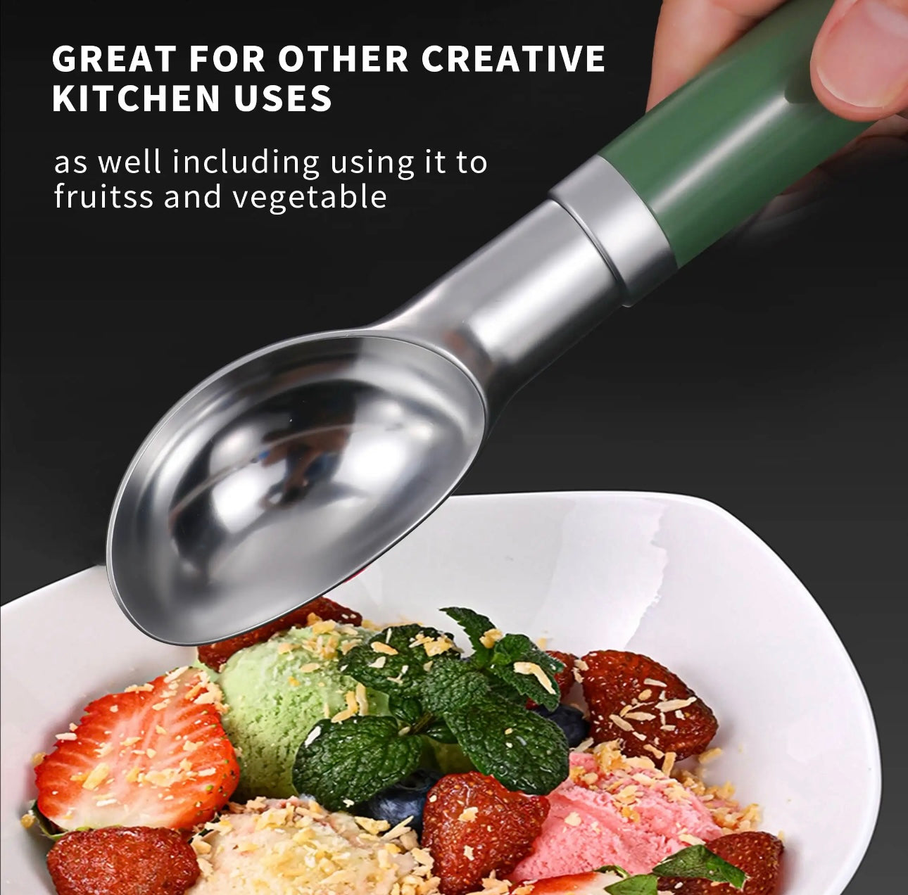 Shaws Cookware Stainless Steel Ice Cream Scoop - Heavy Duty Ice Cream Spoon with Soft Grip Handle, Dishwasher Safe Kitchen Tool, Ice Cream Scooper for Gelato, Sorbet, Cookie Dough - Green