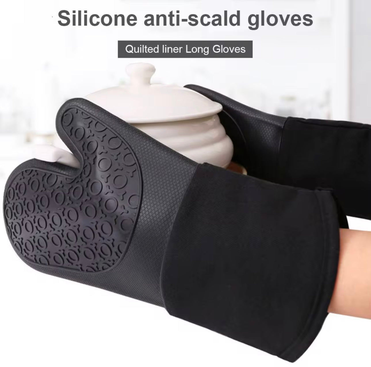 Shaws Cookware Heat and Slip Resistant Silicone Oven Mitts, Waterproof, Non-Slip, Long, Cotton-Lined Mitt Set of 2, 14.9 IN, Black