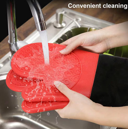 Shaws Cookware Heat and Slip Resistant Silicone Oven Mitts, Waterproof, Non-Slip, Long, Cotton-Lined Mitt Set of 2, 14.9 IN, Red