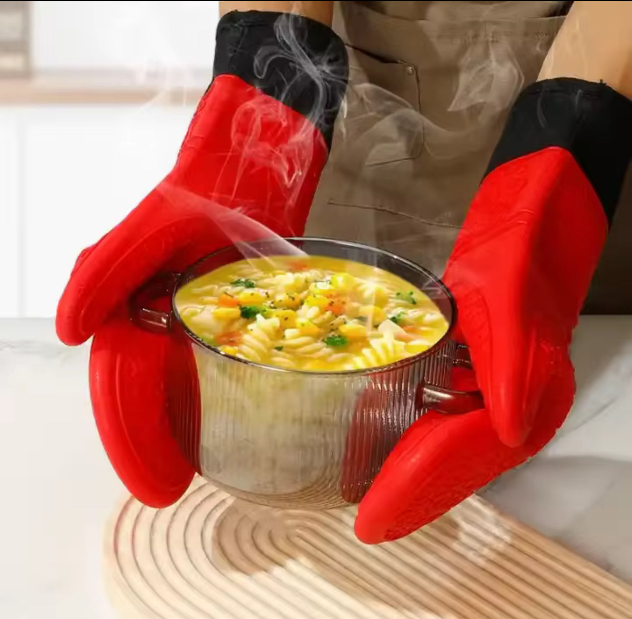 Shaws Cookware Heat and Slip Resistant Silicone Oven Mitts, Waterproof, Non-Slip, Long, Cotton-Lined Mitt Set of 2, 14.9 IN, Red