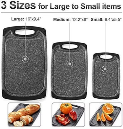 Cutting Boards for Kitchen w/Juice Groove, Non Slip Handles, Reversible - Plastic Cutting Board Set of 3, Dishwasher Safe Cutting Boards for Chopping Meat, Veggies, Fruits, Non-Slip (Gray/Black)