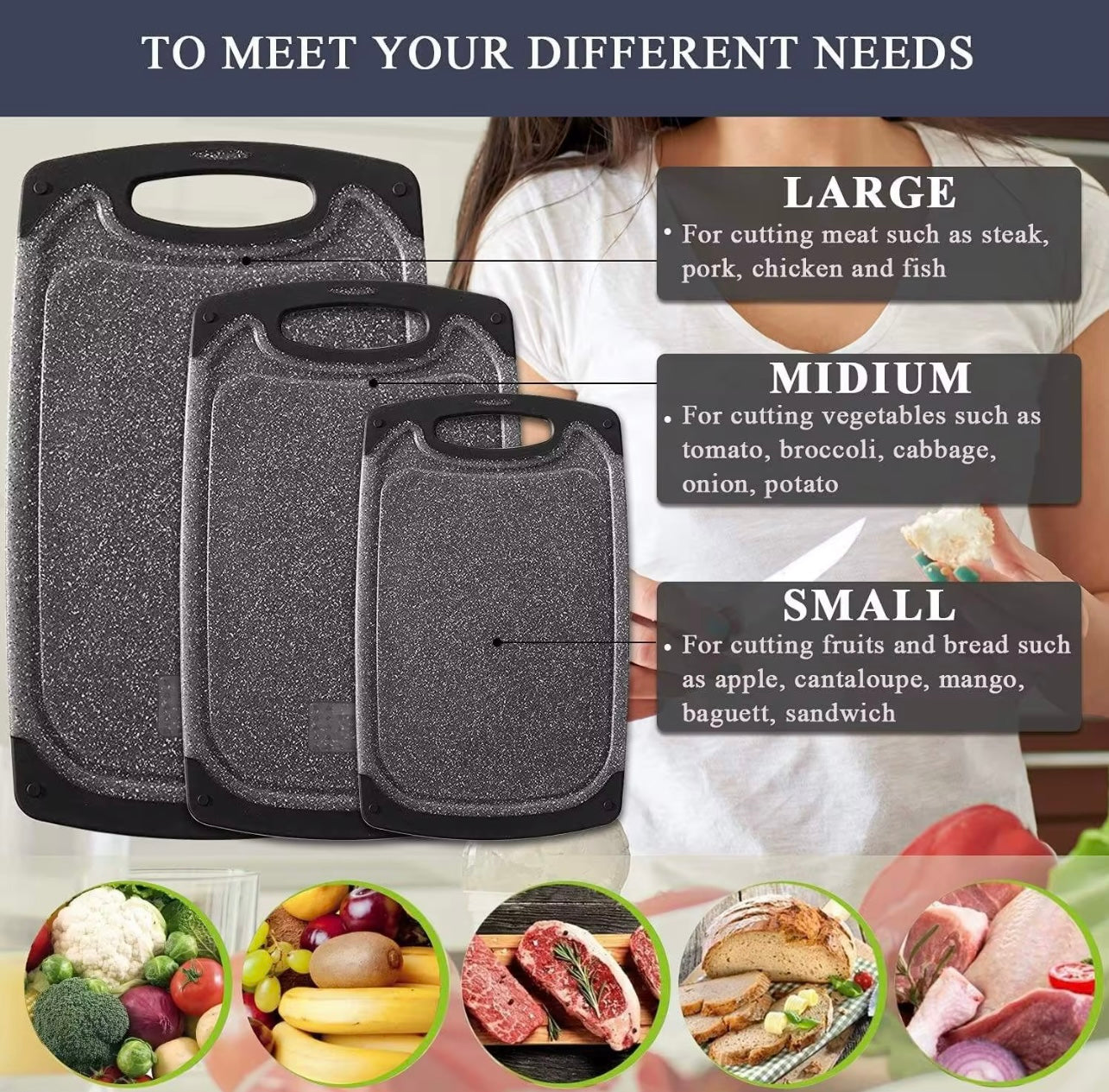 Cutting Boards for Kitchen w/Juice Groove, Non Slip Handles, Reversible - Plastic Cutting Board Set of 3, Dishwasher Safe Cutting Boards for Chopping Meat, Veggies, Fruits, Non-Slip (Gray/Black)