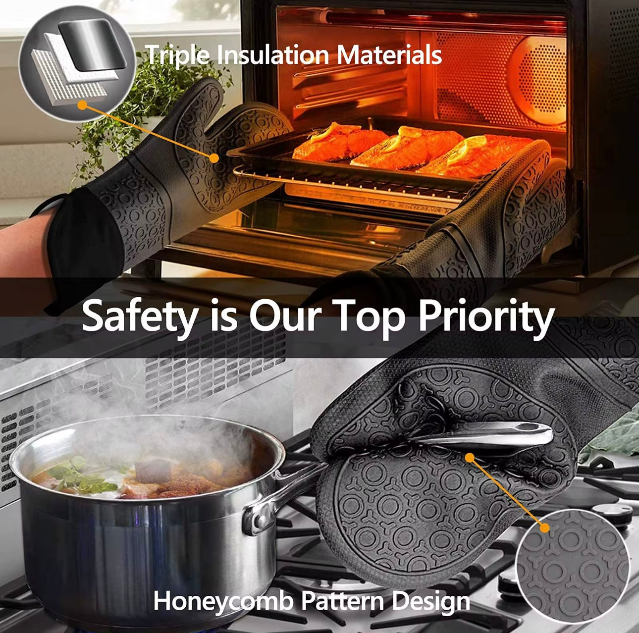 Shaws Cookware Heat and Slip Resistant Silicone Oven Mitts, Waterproof, Non-Slip, Long, Cotton-Lined Mitt Set of 2, 14.9 IN, Black