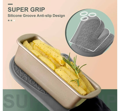 Shaws Cookware Heat and Slip Resistant Silicone Oven Mitts, Waterproof, Non-Slip, Long, Cotton-Lined Mitt Set of 2, 14.9 IN, Gray