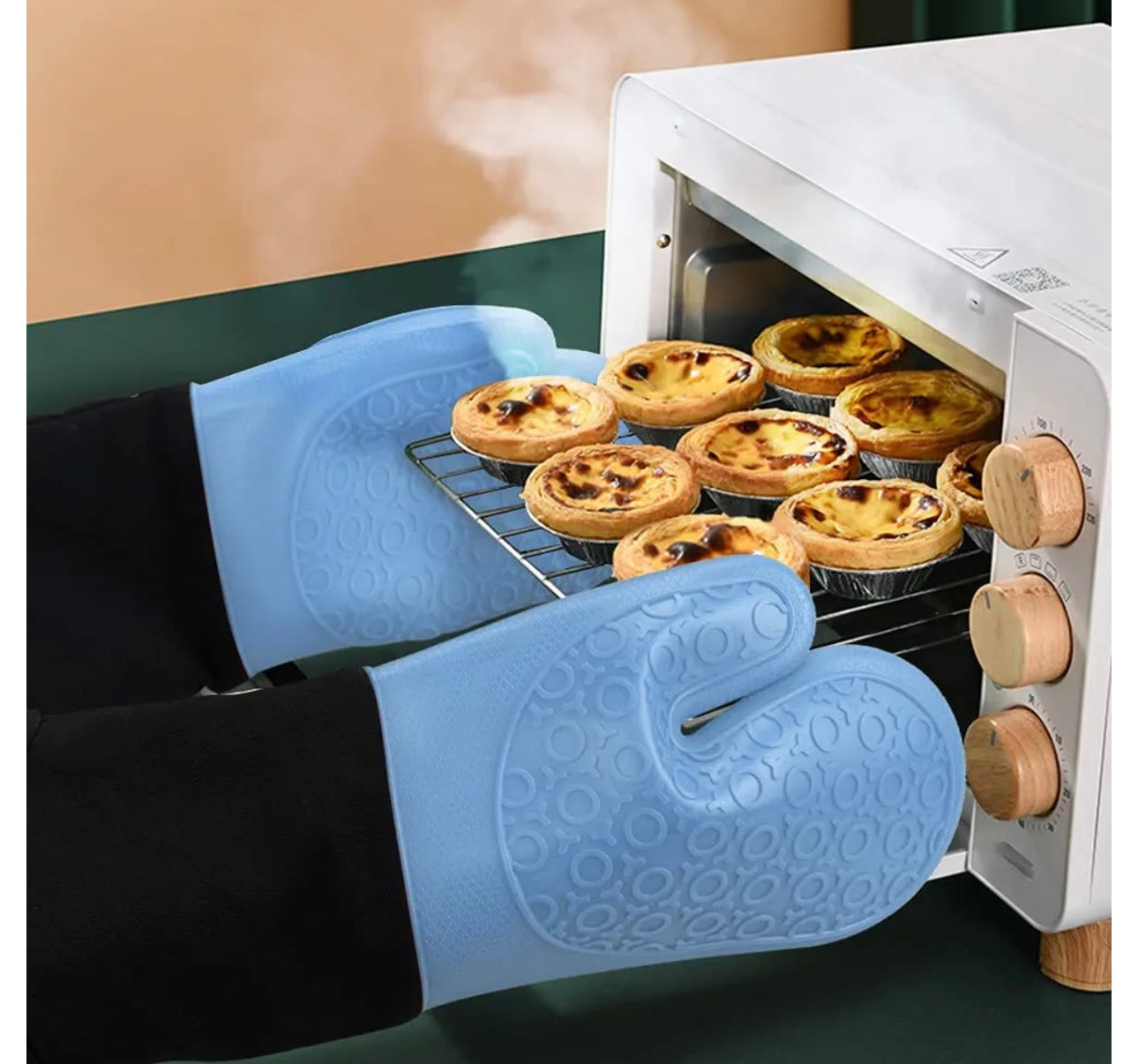 Shaws Cookware Heat and Slip Resistant Silicone Oven Mitts, Waterproof, Non-Slip, Long, Cotton-Lined Mitt Set of 2, 14.9 IN, Blue