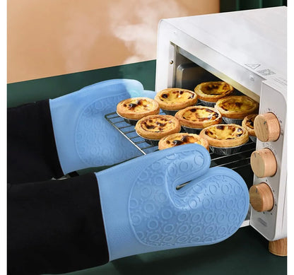 Shaws Cookware Heat and Slip Resistant Silicone Oven Mitts, Waterproof, Non-Slip, Long, Cotton-Lined Mitt Set of 2, 14.9 IN, Blue