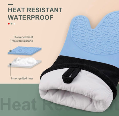 Shaws Cookware Heat and Slip Resistant Silicone Oven Mitts, Waterproof, Non-Slip, Long, Cotton-Lined Mitt Set of 2, 14.9 IN, Blue