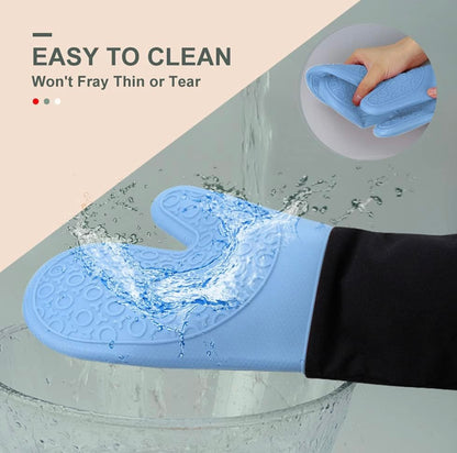 Shaws Cookware Heat and Slip Resistant Silicone Oven Mitts, Waterproof, Non-Slip, Long, Cotton-Lined Mitt Set of 2, 14.9 IN, Blue