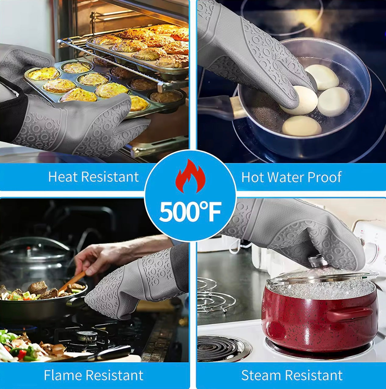 Shaws Cookware Heat and Slip Resistant Silicone Oven Mitts, Waterproof, Non-Slip, Long, Cotton-Lined Mitt Set of 2, 14.9 IN, Gray