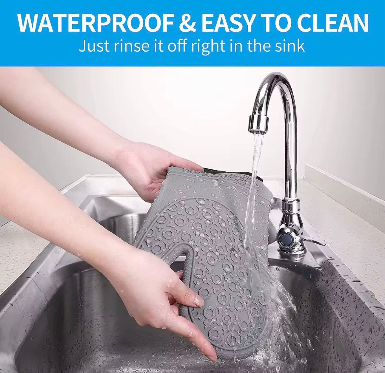 Shaws Cookware Heat and Slip Resistant Silicone Oven Mitts, Waterproof, Non-Slip, Long, Cotton-Lined Mitt Set of 2, 14.9 IN, Gray