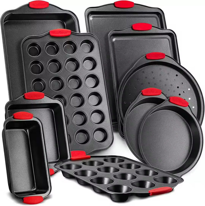 Shaws Cookware Nonstick Bakeware Set – 10 Piece Baking Set Removable Silicone Handles for Kitchen Carbon Steel; Roasting Pan, Cookie Sheet Pans, Cake Pans, Loaf Pan, Pizza Pan, Muffin Pan, Gray/ Red