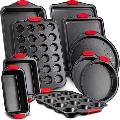 Shaws Cookware Nonstick Bakeware Set – 10 Piece Baking Set Removable Silicone Handles for Kitchen Carbon Steel; Roasting Pan, Cookie Sheet Pans, Cake Pans, Loaf Pan, Pizza Pan, Muffin Pan, Gray/ Red