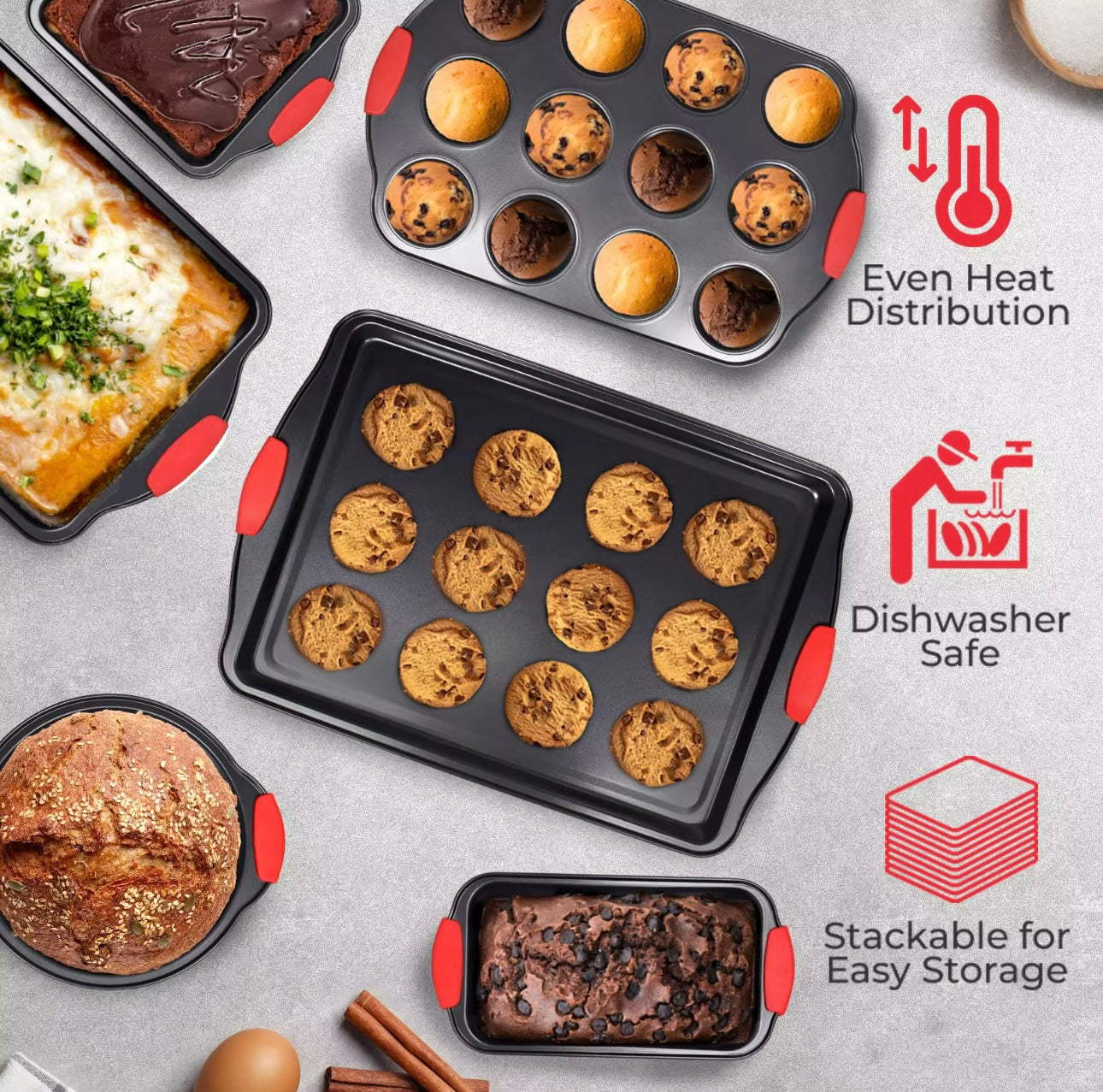 Shaws Cookware Nonstick Bakeware Set – 10 Piece Baking Set Removable Silicone Handles for Kitchen Carbon Steel; Roasting Pan, Cookie Sheet Pans, Cake Pans, Loaf Pan, Pizza Pan, Muffin Pan, Gray/ Red