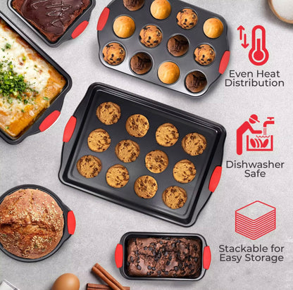 Shaws Cookware Nonstick Bakeware Set – 10 Piece Baking Set Removable Silicone Handles for Kitchen Carbon Steel; Roasting Pan, Cookie Sheet Pans, Cake Pans, Loaf Pan, Pizza Pan, Muffin Pan, Gray/ Red