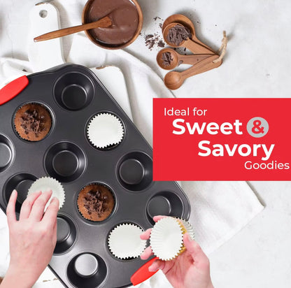 Shaws Cookware Nonstick Bakeware Set – 10 Piece Baking Set Removable Silicone Handles for Kitchen Carbon Steel; Roasting Pan, Cookie Sheet Pans, Cake Pans, Loaf Pan, Pizza Pan, Muffin Pan, Gray/ Red