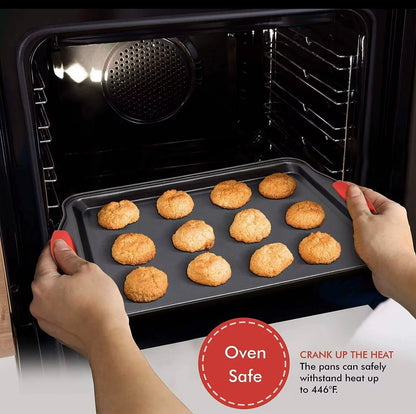 Shaws Cookware Nonstick Bakeware Set – 10 Piece Baking Set Removable Silicone Handles for Kitchen Carbon Steel; Roasting Pan, Cookie Sheet Pans, Cake Pans, Loaf Pan, Pizza Pan, Muffin Pan, Gray/ Red