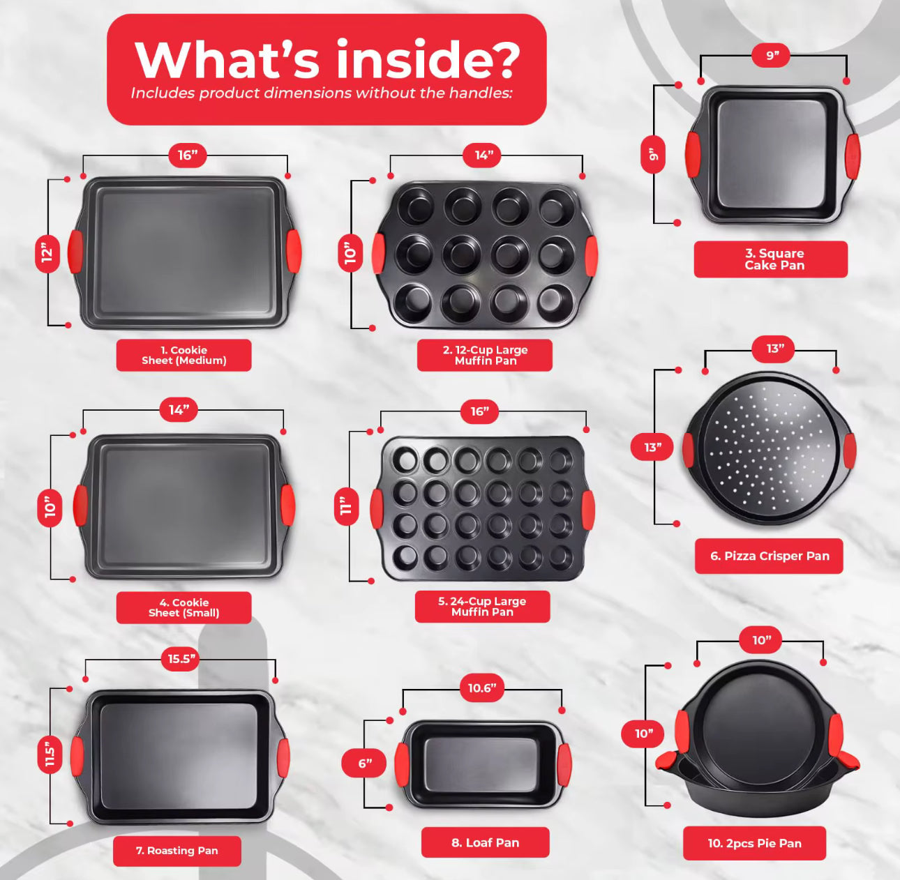 Shaws Cookware Nonstick Bakeware Set – 10 Piece Baking Set Removable Silicone Handles for Kitchen Carbon Steel; Roasting Pan, Cookie Sheet Pans, Cake Pans, Loaf Pan, Pizza Pan, Muffin Pan, Gray/ Red