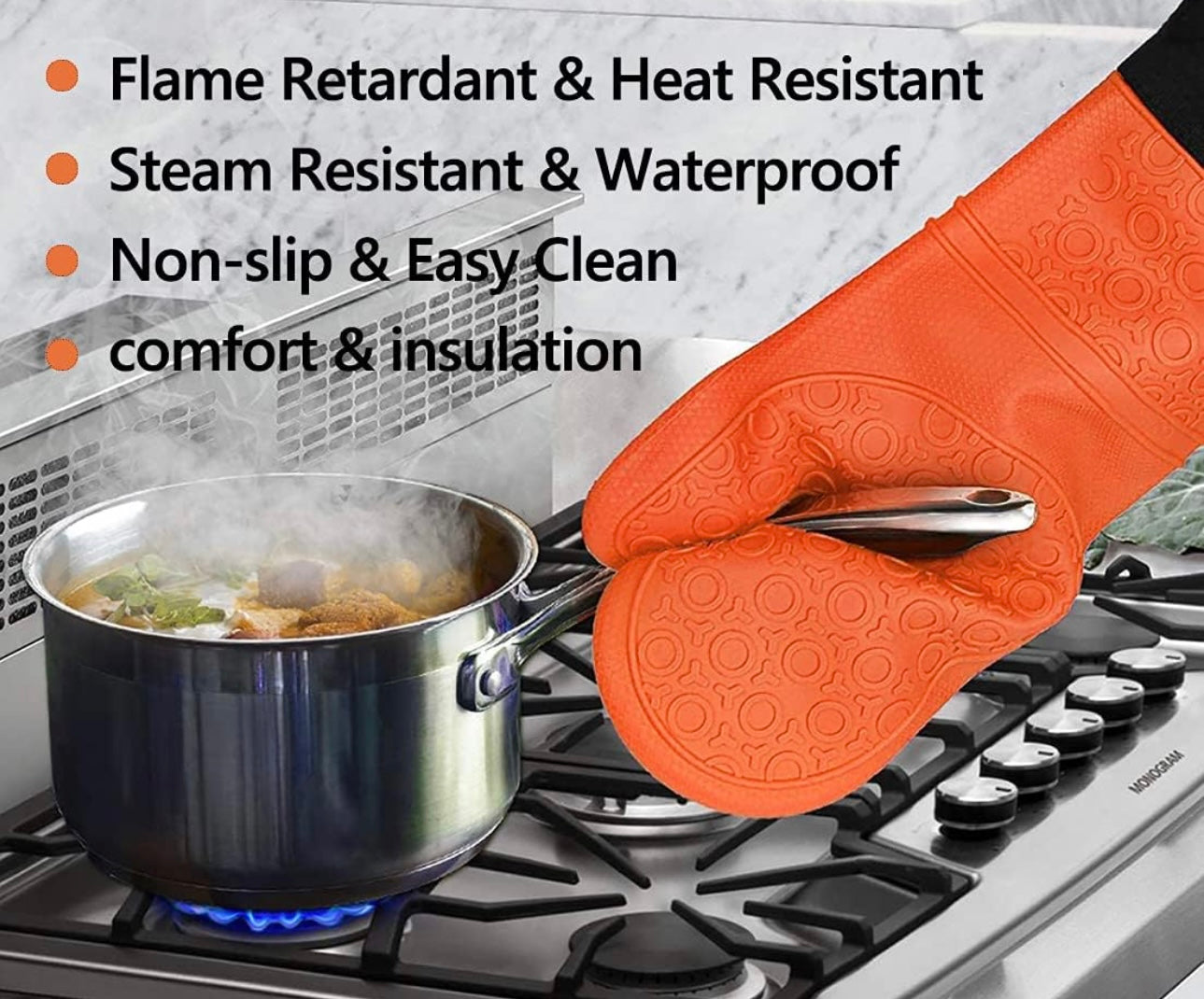 Shaws Cookware Heat and Slip Resistant Silicone Oven Mitts, Waterproof, Non-Slip, Long, Cotton-Lined Mitt Set of 2, 14.9 IN, Orange