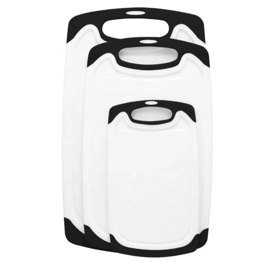 Cutting Boards for Kitchen w/Juice Groove, Non Slip Handles, Reversible - Plastic Cutting Board Set of 3, Dishwasher Safe Cutting Boards for Chopping Meat, Veggies, Fruits, Non-Slip (White/Black)
