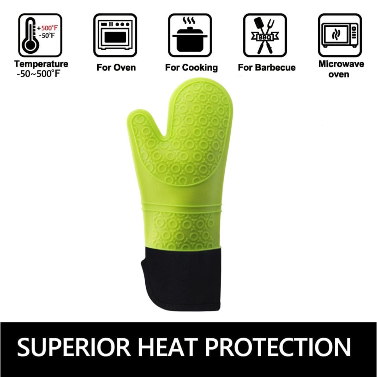 Shaws Cookware Heat and Slip Resistant Silicone Oven Mitts, Waterproof, Non-Slip, Long, Cotton-Lined Mitt Set of 2, 14.9 IN, Green
