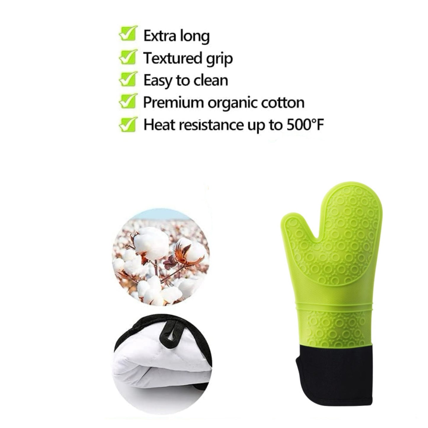 Shaws Cookware Heat and Slip Resistant Silicone Oven Mitts, Waterproof, Non-Slip, Long, Cotton-Lined Mitt Set of 2, 14.9 IN, Green