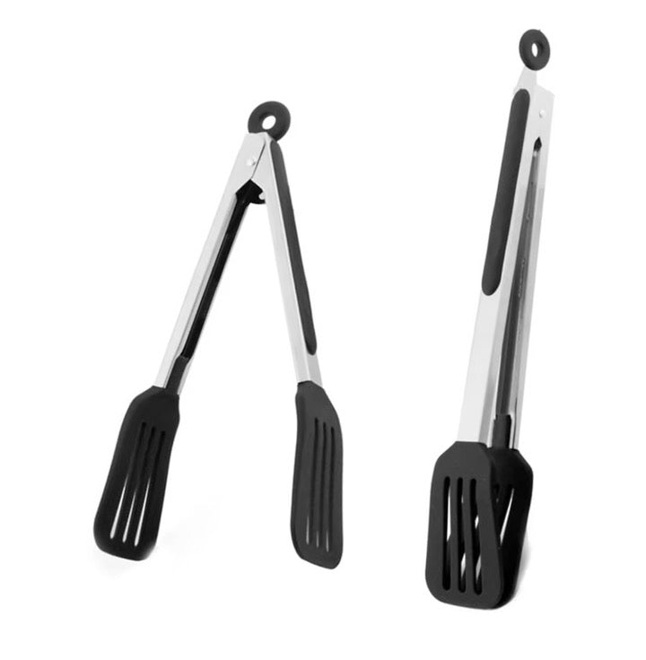Shaws Cookware Kitchen Tongs and Spatula Tongs 10" & 12" Set of 4 Stainless Steel Heat- Resistant Non - Stick Silicone Tips,  Non - Slip Grip for Cooking, Grilling,  BBQ, Pot Lucks, Salad,- Black