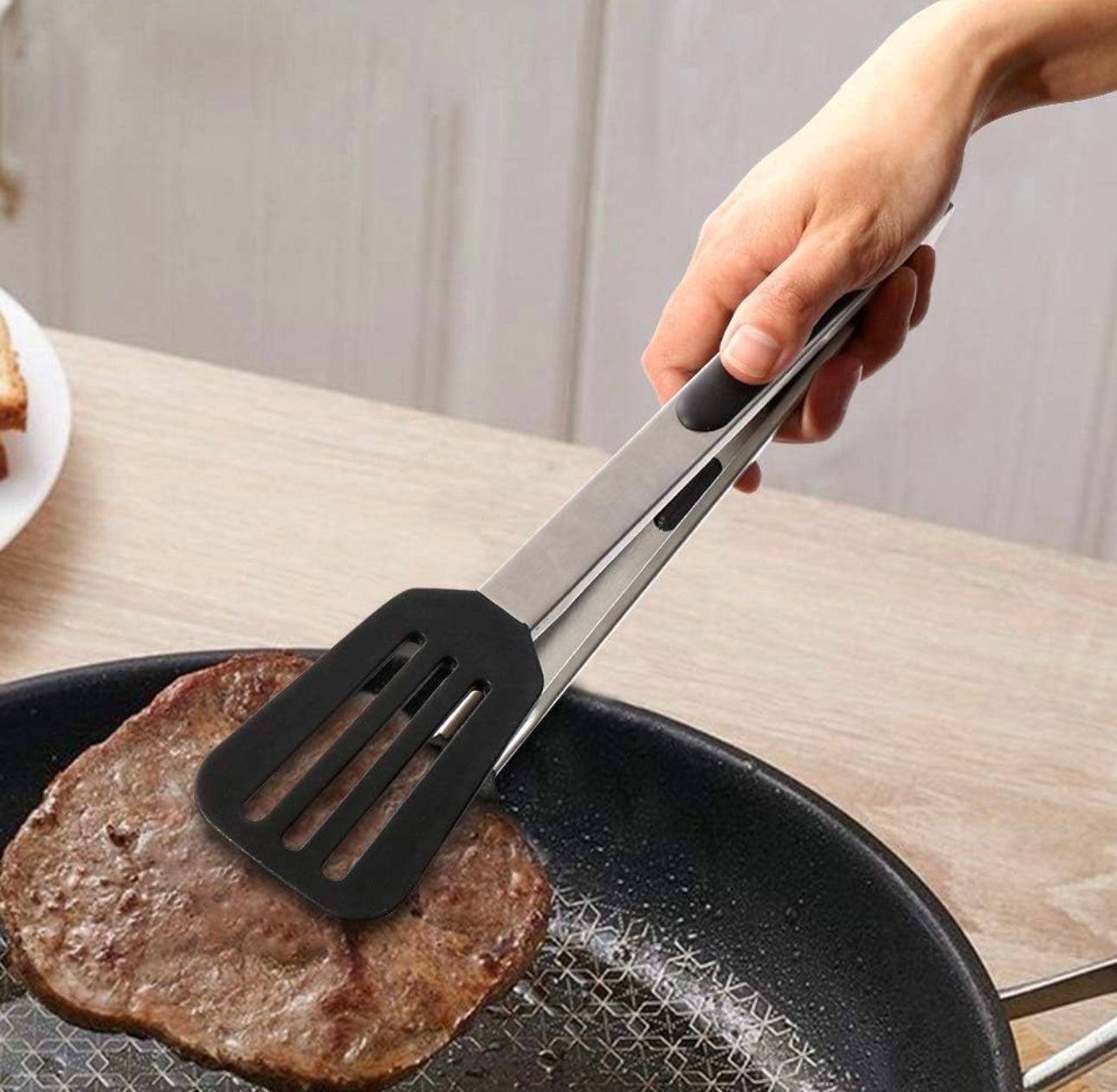 Shaws Cookware Kitchen Tongs and Spatula Tongs 10" & 12" Set of 4 Stainless Steel Heat- Resistant Non - Stick Silicone Tips,  Non - Slip Grip for Cooking, Grilling,  BBQ, Pot Lucks, Salad,- Black