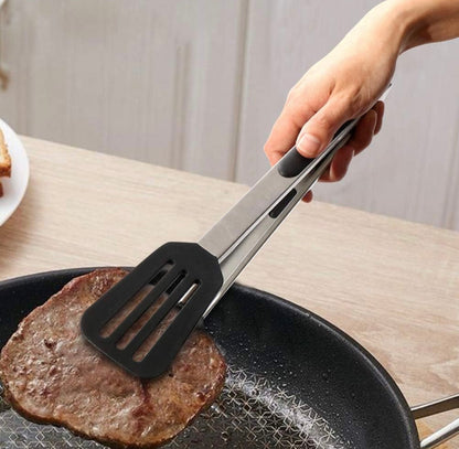 Shaws Cookware Kitchen Tongs and Spatula Tongs 10" & 12" Set of 4 Stainless Steel Heat- Resistant Non - Stick Silicone Tips,  Non - Slip Grip for Cooking, Grilling,  BBQ, Pot Lucks, Salad,- Black