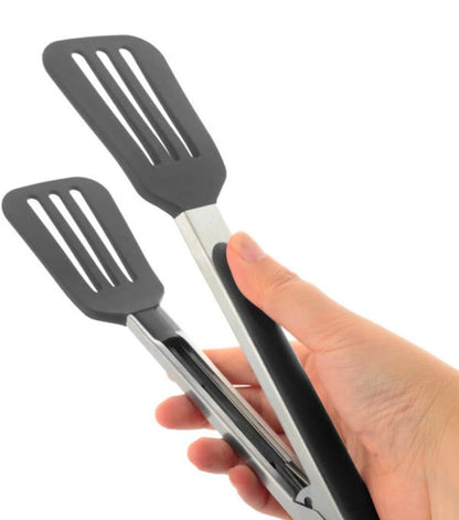 Shaws Cookware Kitchen Tongs and Spatula Tongs 10" & 12" Set of 4 Stainless Steel Heat- Resistant Non - Stick Silicone Tips,  Non - Slip Grip for Cooking, Grilling,  BBQ, Pot Lucks, Salad,- Black