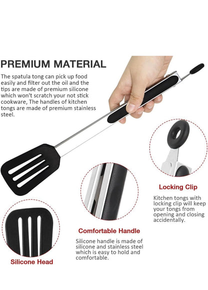 Shaws Cookware Kitchen Tongs and Spatula Tongs 10" & 12" Set of 4 Stainless Steel Heat- Resistant Non - Stick Silicone Tips,  Non - Slip Grip for Cooking, Grilling,  BBQ, Pot Lucks, Salad,- Black
