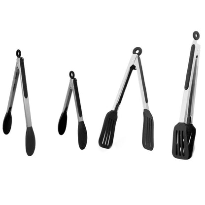 Shaws Cookware Kitchen Tongs and Spatula Tongs 10" & 12" Set of 4 Stainless Steel Heat- Resistant Non - Stick Silicone Tips,  Non - Slip Grip for Cooking, Grilling,  BBQ, Pot Lucks, Salad,- Black
