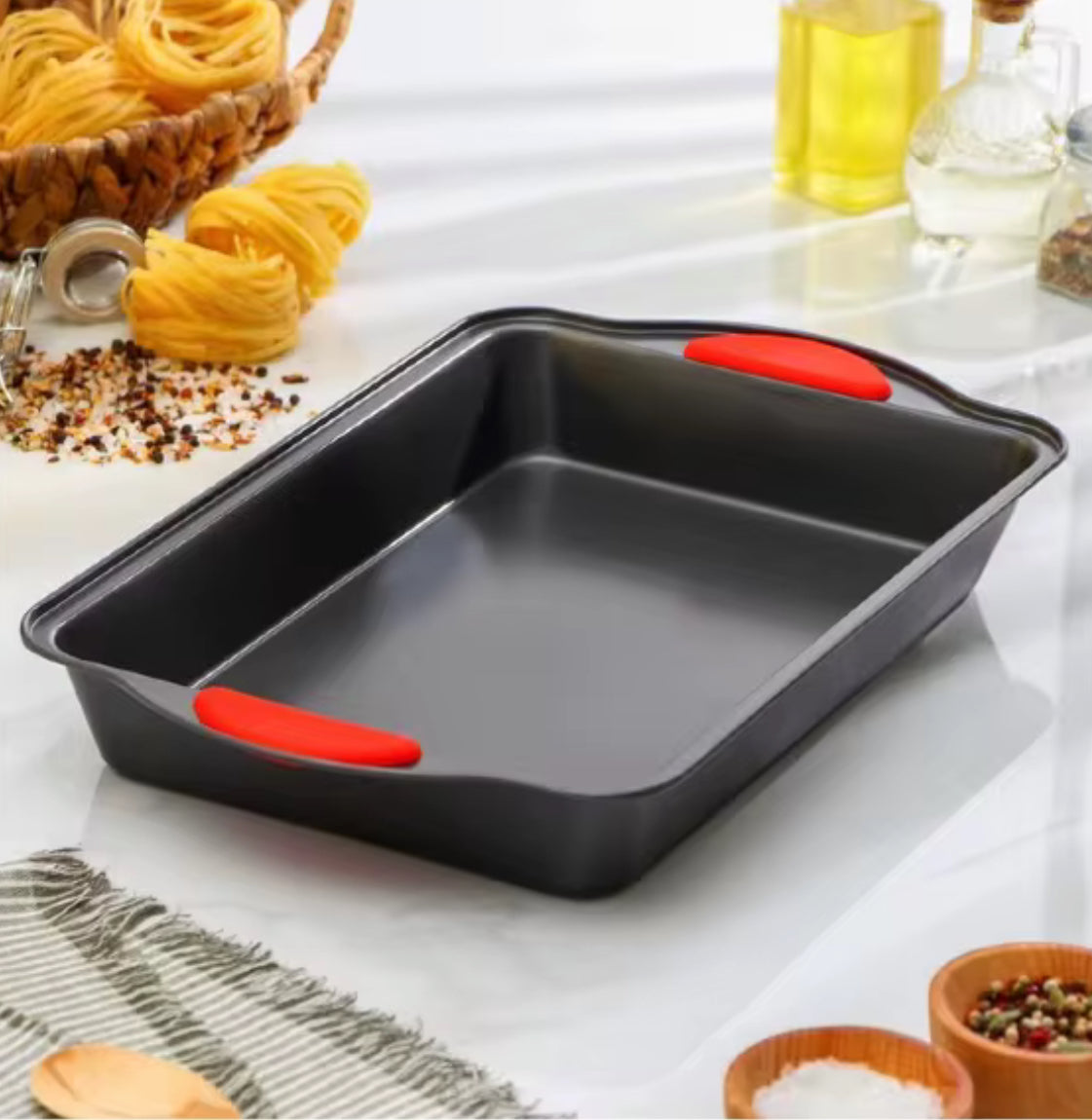 Shaws Cookware Nonstick Bakeware Set – 10 Piece Baking Set Removable Silicone Handles for Kitchen Carbon Steel; Roasting Pan, Cookie Sheet Pans, Cake Pans, Loaf Pan, Pizza Pan, Muffin Pan, Gray/ Red