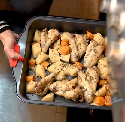 Shaws Cookware Nonstick Bakeware Set – 10 Piece Baking Set Removable Silicone Handles for Kitchen Carbon Steel; Roasting Pan, Cookie Sheet Pans, Cake Pans, Loaf Pan, Pizza Pan, Muffin Pan, Gray/ Red