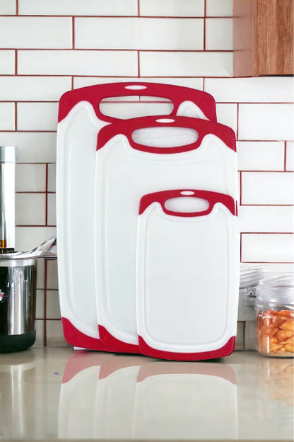 Cutting Boards for Kitchen w/Juice Groove, Non Slip Handles, Reversible - Plastic Cutting Board Set of 3, Dishwasher Safe Cutting Boards for Chopping Meat, Veggies, Fruits, Non-Slip (White/Red)
