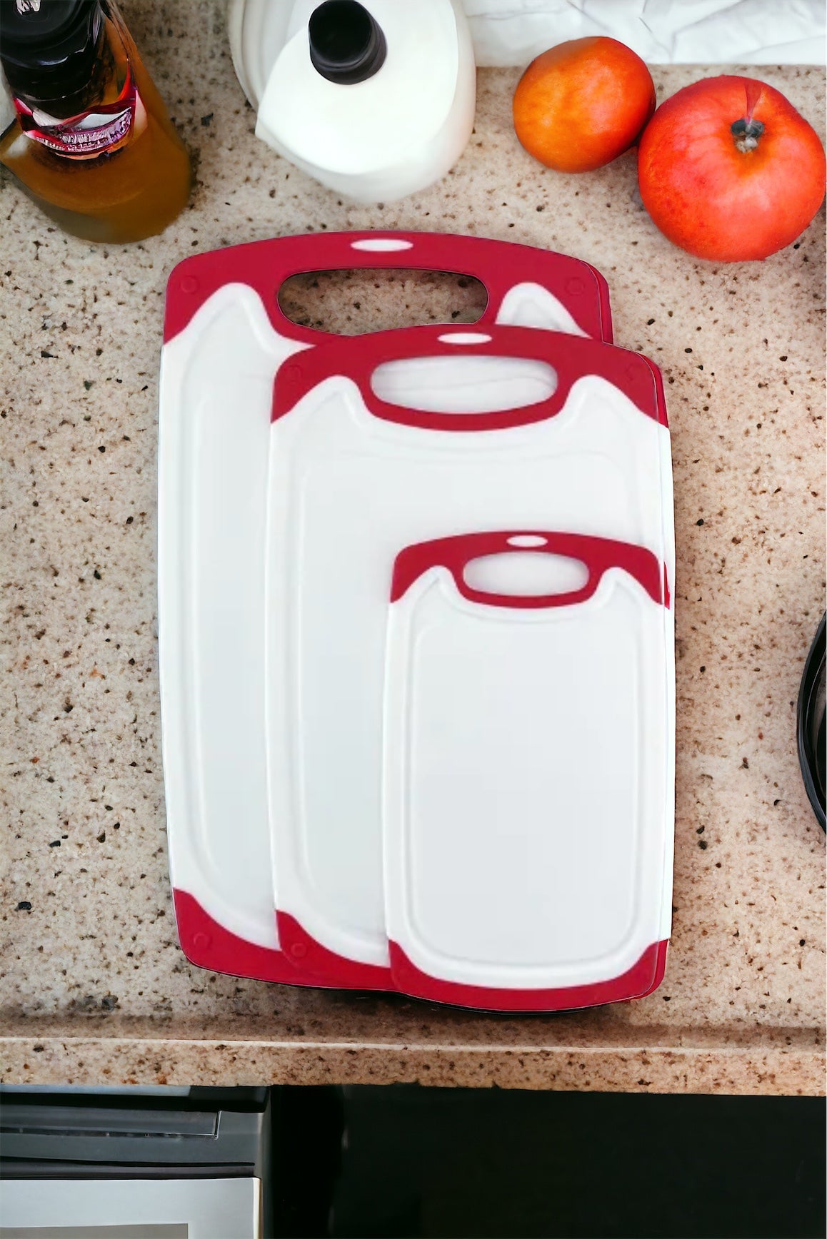Cutting Boards for Kitchen w/Juice Groove, Non Slip Handles, Reversible - Plastic Cutting Board Set of 3, Dishwasher Safe Cutting Boards for Chopping Meat, Veggies, Fruits, Non-Slip (White/Red)
