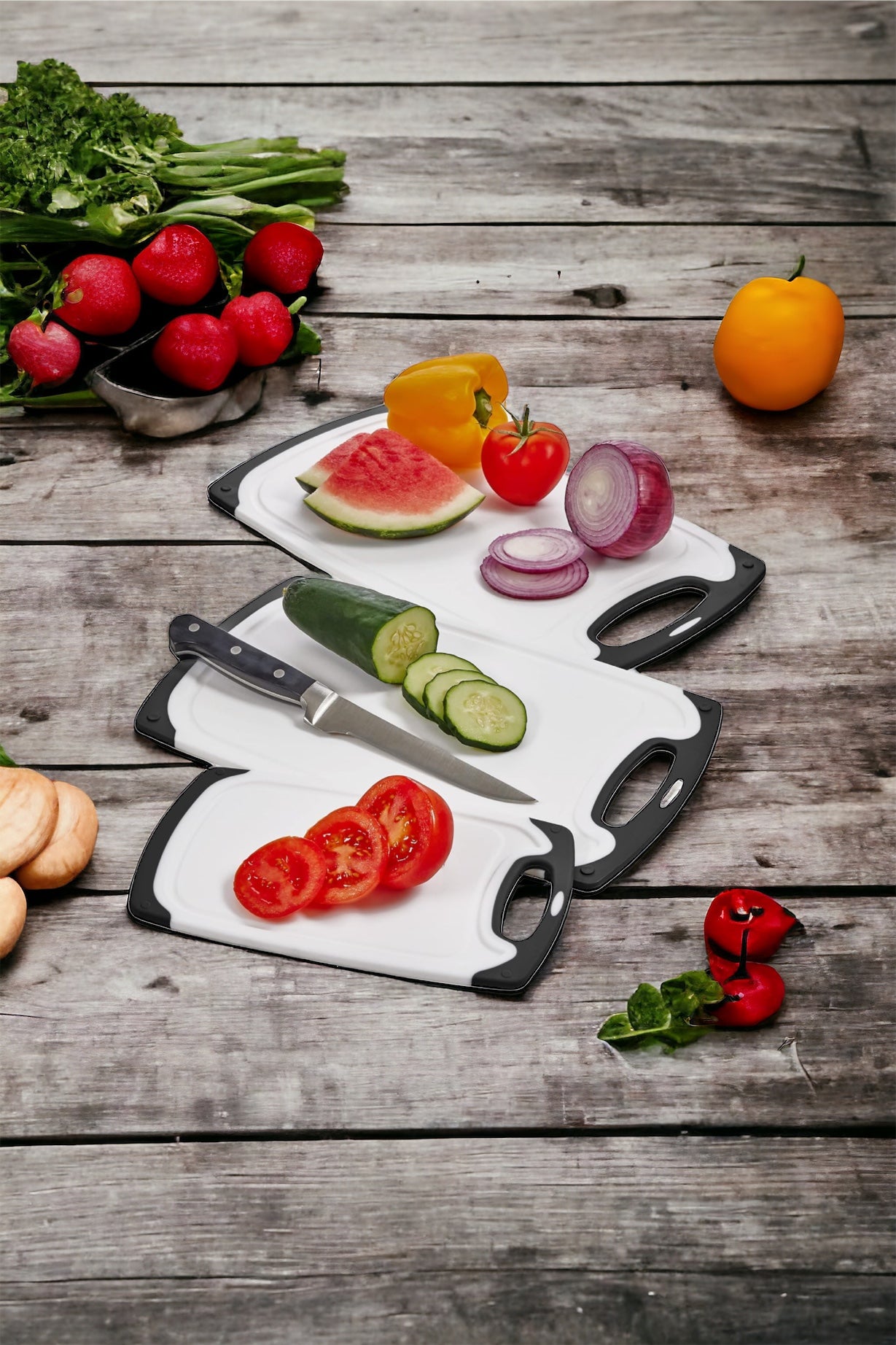 Cutting Boards for Kitchen w/Juice Groove, Non Slip Handles, Reversible - Plastic Cutting Board Set of 3, Dishwasher Safe Cutting Boards for Chopping Meat, Veggies, Fruits, Non-Slip (White/Black)