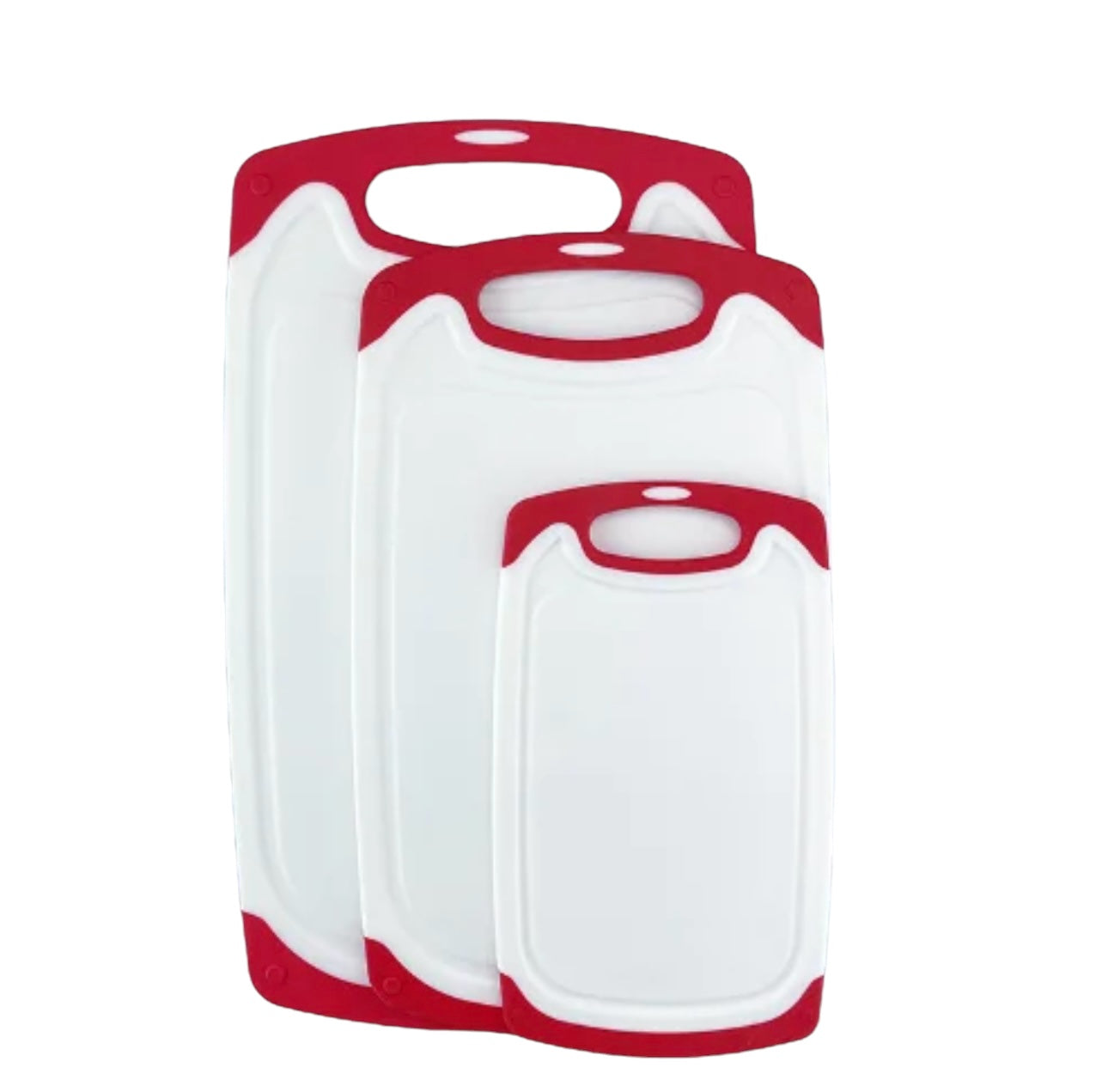 Cutting Boards for Kitchen w/Juice Groove, Non Slip Handles, Reversible - Plastic Cutting Board Set of 3, Dishwasher Safe Cutting Boards for Chopping Meat, Veggies, Fruits, Non-Slip (White/Red)