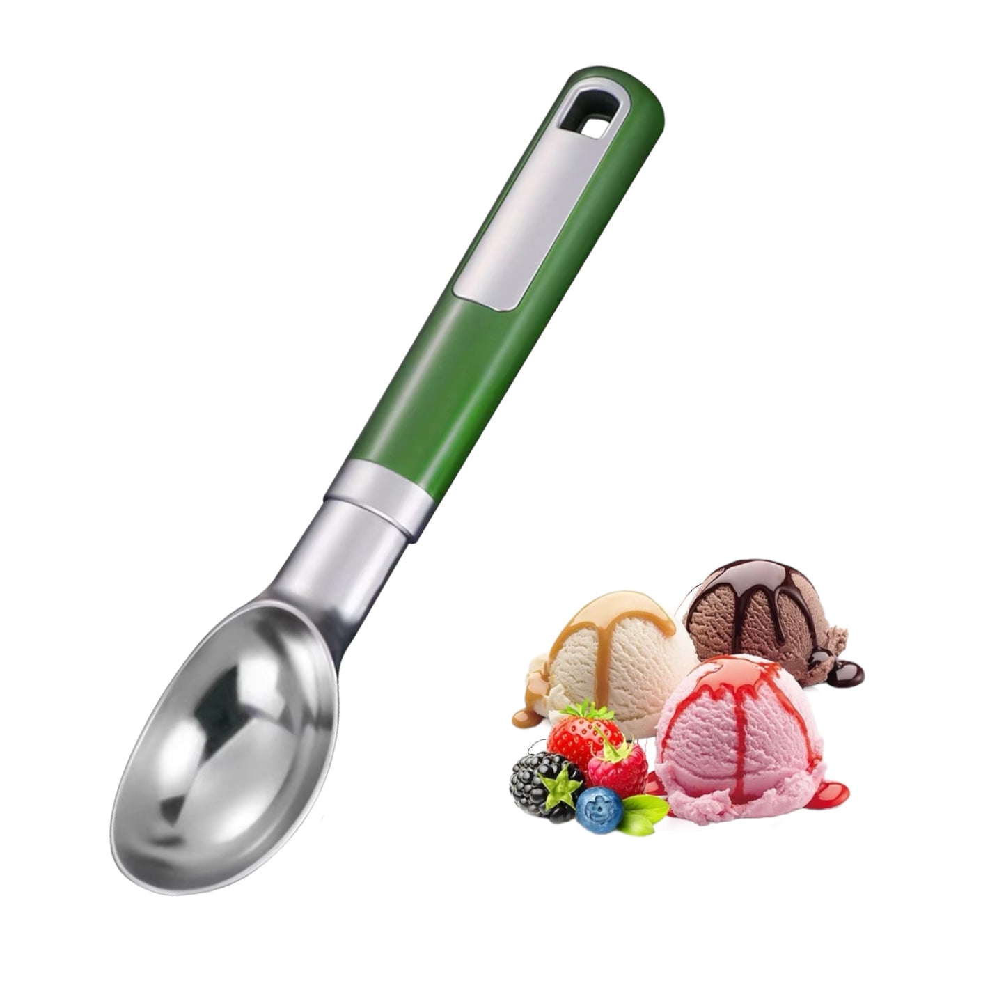 Shaws Cookware Stainless Steel Ice Cream Scoop - Heavy Duty Ice Cream Spoon with Soft Grip Handle, Dishwasher Safe Kitchen Tool, Ice Cream Scooper for Gelato, Sorbet, Cookie Dough - Green