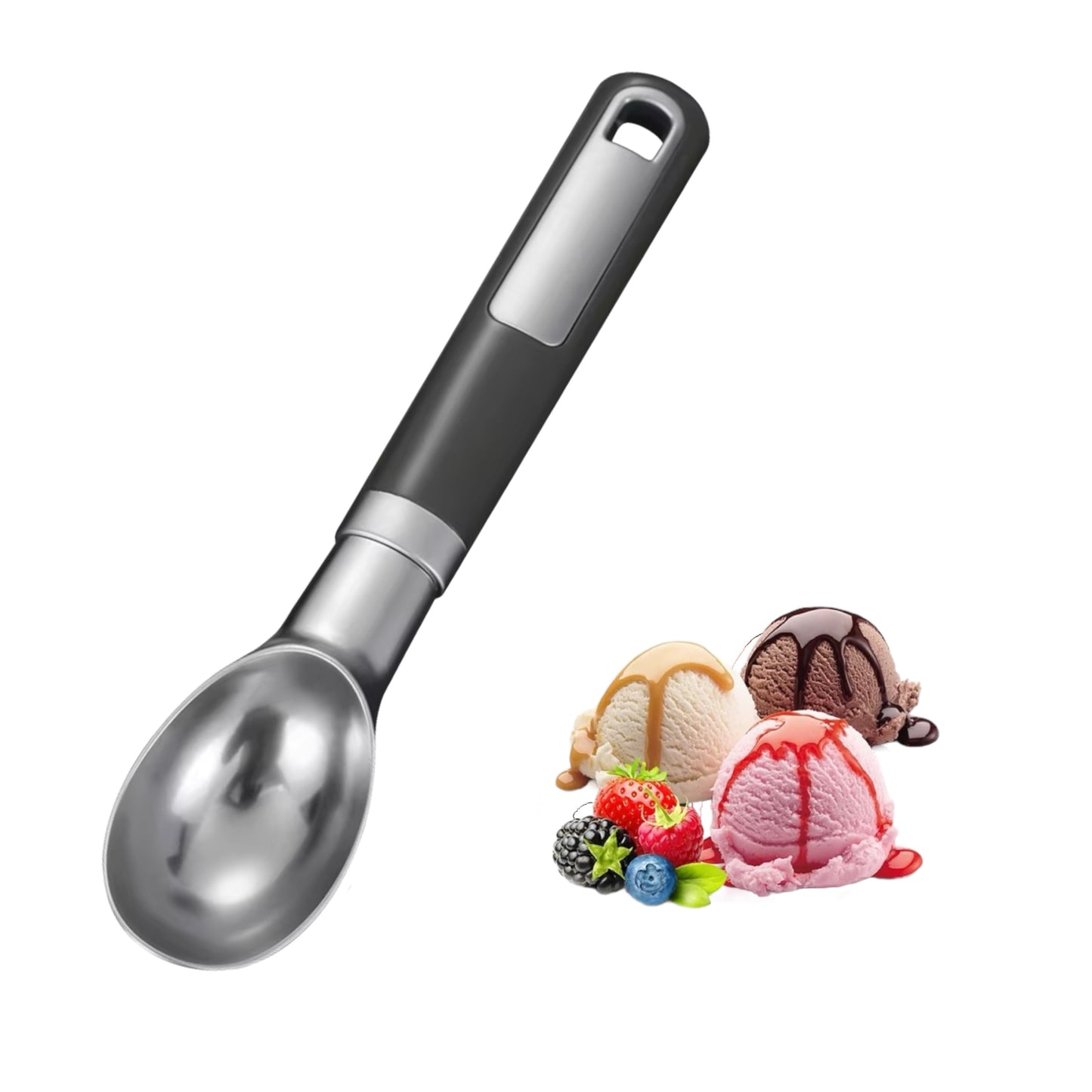 Shaws Cookware Stainless Steel Ice Cream Scoop - Heavy Duty Ice Cream Spoon with Soft Grip Handle, Dishwasher Safe Kitchen Tool, Ice Cream Scooper for Gelato, Sorbet, Cookie Dough - Gray