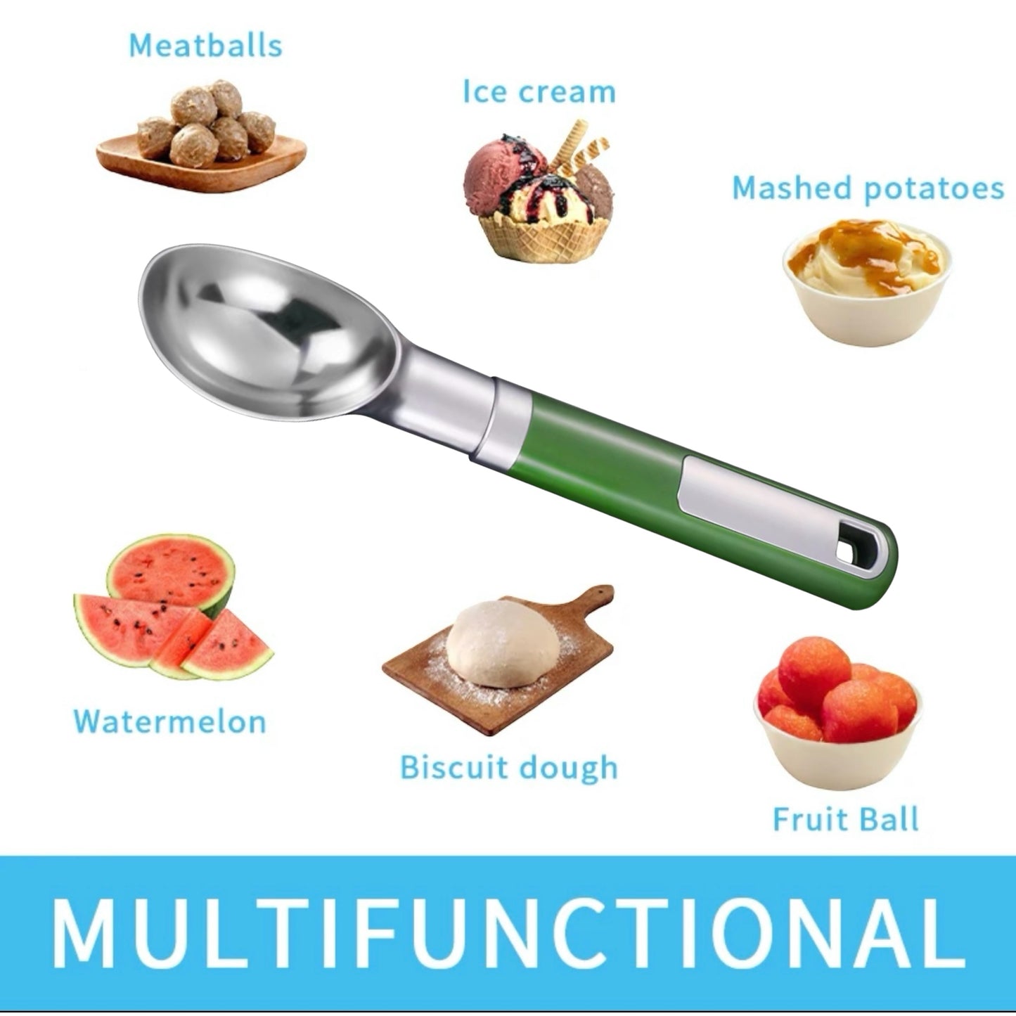 Shaws Cookware Stainless Steel Ice Cream Scoop - Heavy Duty Ice Cream Spoon with Soft Grip Handle, Dishwasher Safe Kitchen Tool, Ice Cream Scooper for Gelato, Sorbet, Cookie Dough - Green