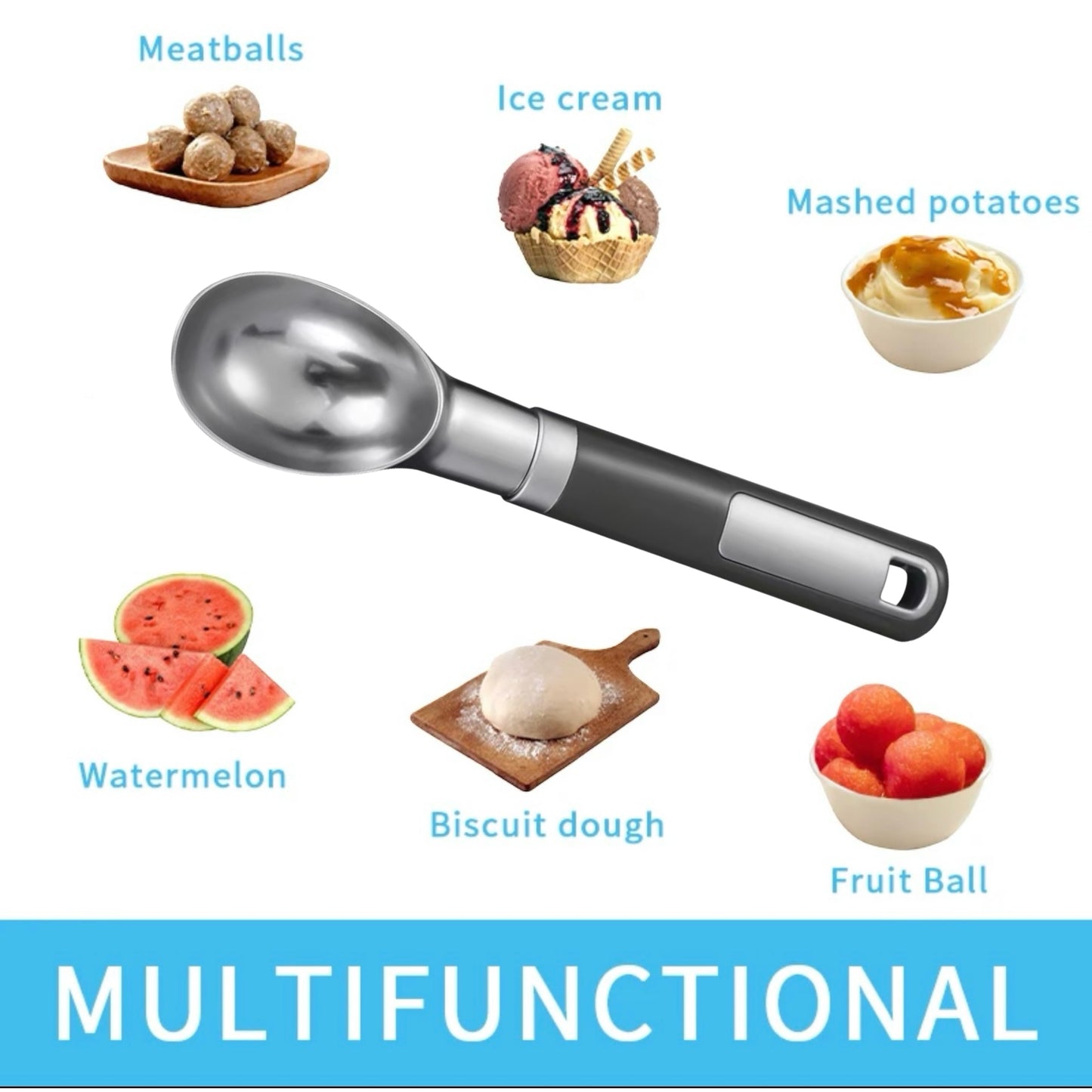 Shaws Cookware Stainless Steel Ice Cream Scoop - Heavy Duty Ice Cream Spoon with Soft Grip Handle, Dishwasher Safe Kitchen Tool, Ice Cream Scooper for Gelato, Sorbet, Cookie Dough - Gray