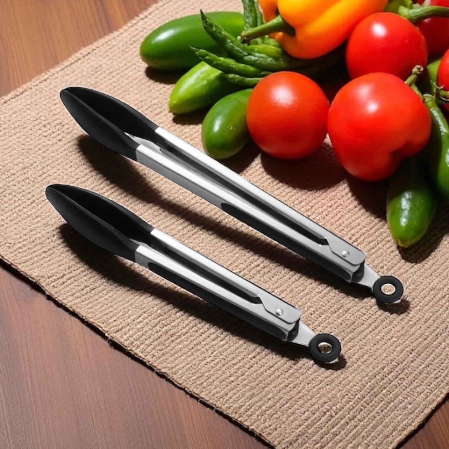 Shaws Cookware Kitchen Tongs and Spatula Tongs 10" & 12" Set of 4 Stainless Steel Heat- Resistant Non - Stick Silicone Tips,  Non - Slip Grip for Cooking, Grilling,  BBQ, Pot Lucks, Salad,- Black