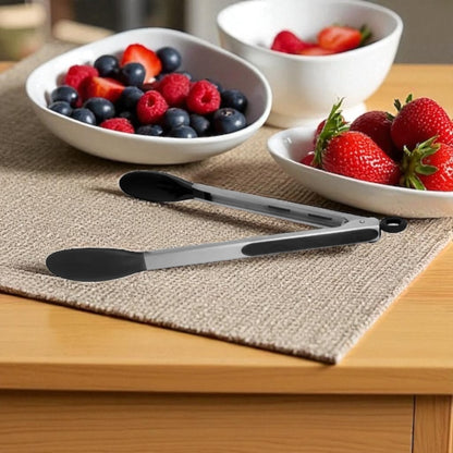 Shaws Cookware Kitchen Tongs and Spatula Tongs 10" & 12" Set of 4 Stainless Steel Heat- Resistant Non - Stick Silicone Tips,  Non - Slip Grip for Cooking, Grilling,  BBQ, Pot Lucks, Salad,- Black